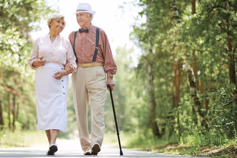 An elderly couple walking arm in arm on a tree-lined path outdoors. The man is wearing a hat, bow tie, suspenders, and holding a cane, while the woman is dressed in a light blouse and skirt. They are smiling and enjoying a sunny day surrounded by greenery.