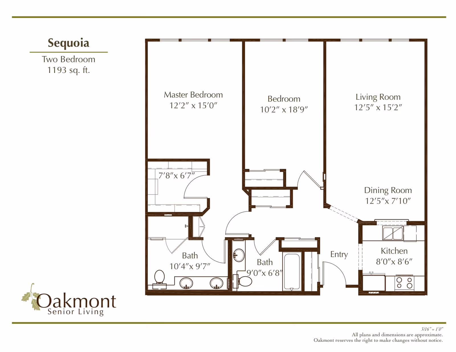 Floor plan of Sequoia two-bedroom apartment at Oakmont Senior Living, showing dimensions for master bedroom, bedroom, living room, dining room, kitchen, and two bathrooms.