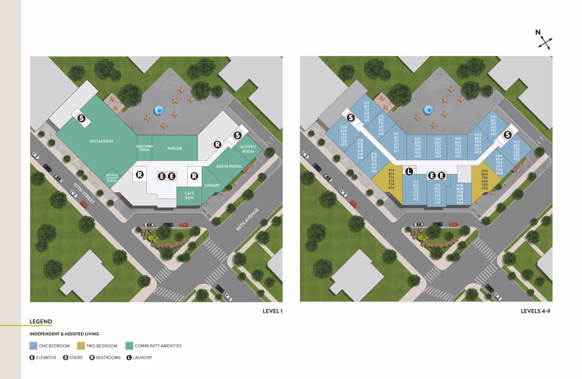 Floor plans of Atria Kew Gardens showing Level 1 with community amenities including restaurant, parlor, activity room, media room, library, cafe, private dining, and patio. Levels 4-9 show layouts of one-bedroom and two-bedroom independent and assisted living units with elevators, stairs, restrooms, and laundry areas marked. The plans are oriented with streets and surrounding greenery.