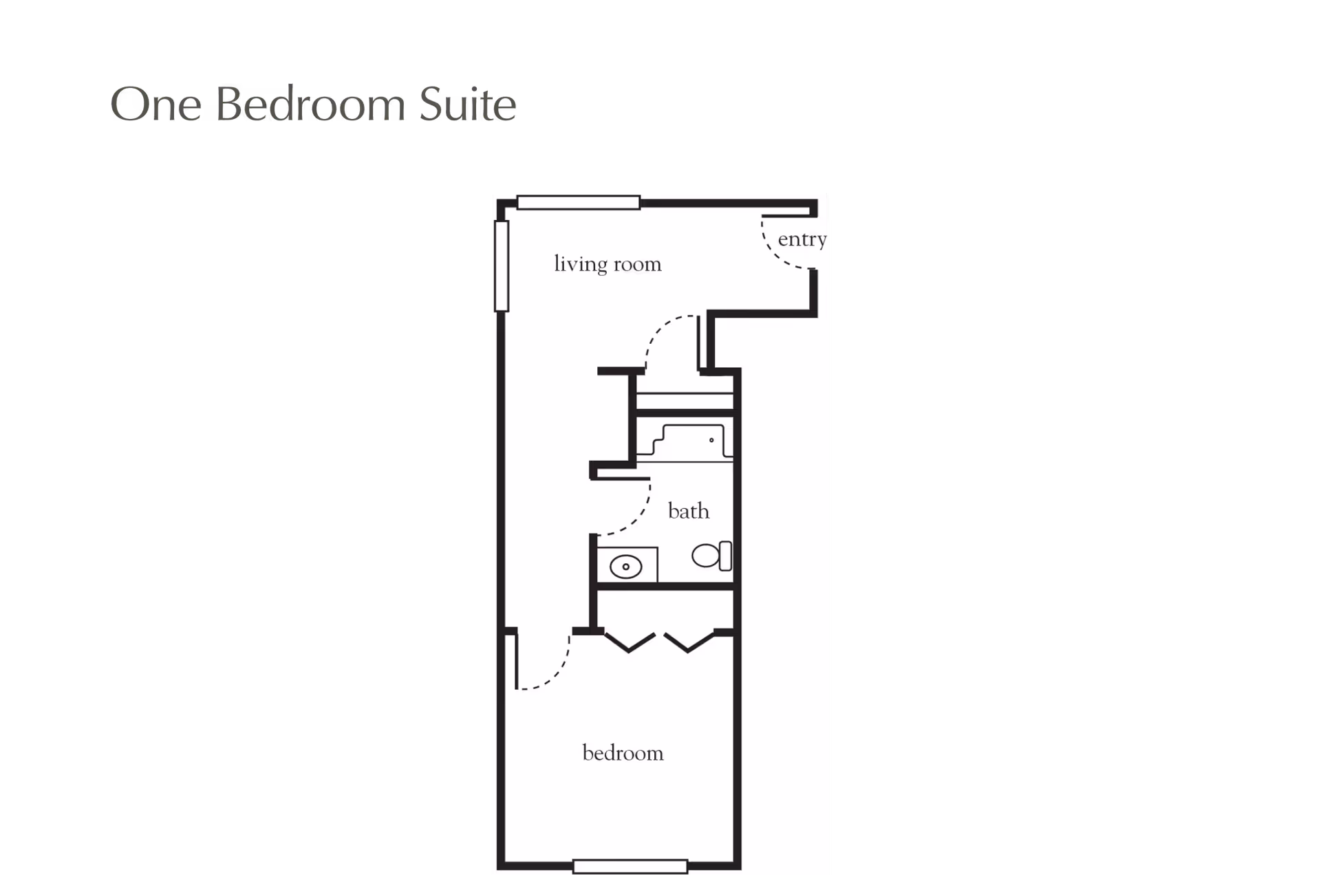 Floor plan layout of a one bedroom suite showing an entry leading to a living room, a bathroom, and a bedroom.