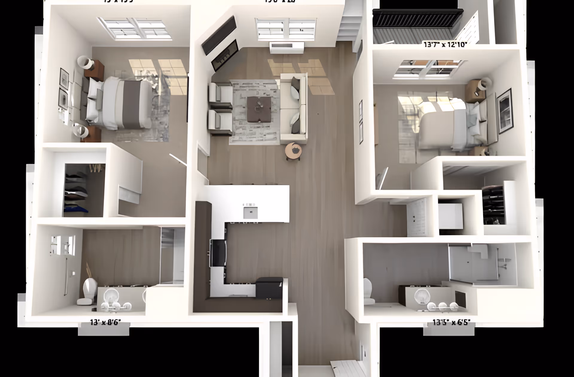 3D top-down floor plan of a two-bedroom, two-bath apartment showing a central living area, kitchen, bedrooms and closets.