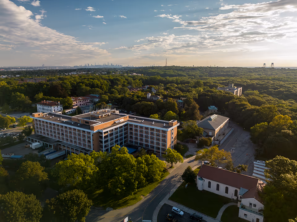 Aerial view of a large multi-story building surrounded by dense green trees and smaller buildings, with a city skyline visible in the distant background under a partly cloudy sky.