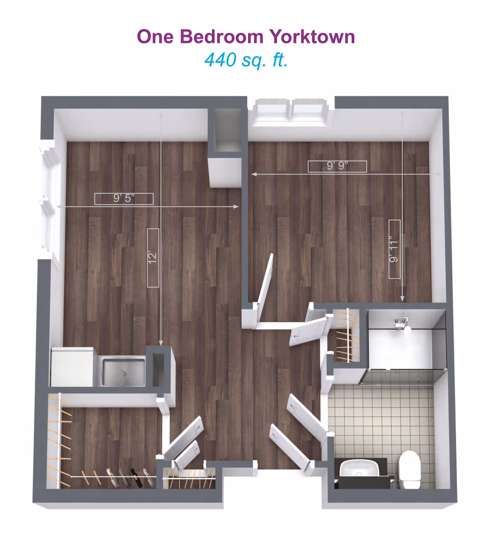 3D floor plan of a one-bedroom apartment named Yorktown, measuring 440 square feet. The layout includes a bedroom, a living area, a bathroom with a shower, sink, and toilet, and a kitchen area with a sink. The floor is covered with dark wood flooring except for the bathroom, which has tiled flooring. Dimensions of rooms are marked within the plan.