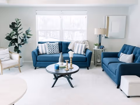 A bright living room with two blue sofas adorned with patterned and striped pillows, a round coffee table with decorative items, a white armchair, a tall green plant, a side table with a lamp and small plant, and a large window letting in natural light.