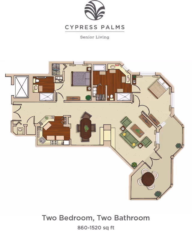 Floor plan illustration of a two-bedroom, two-bathroom apartment showing living, dining, and kitchen areas with Cypress Palms branding.