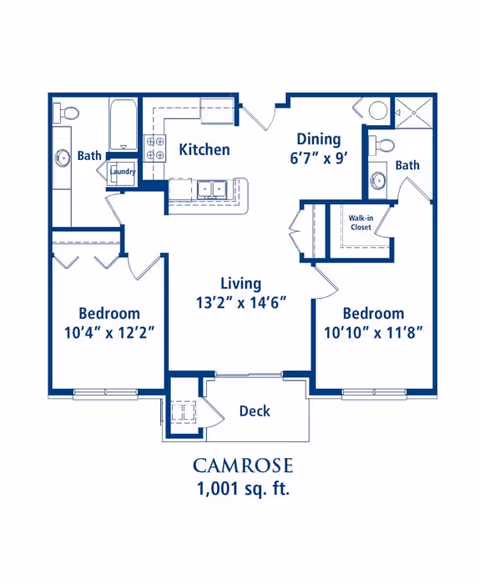 Floor plan of a senior living apartment named Camrose with 1,001 square feet. It includes two bedrooms, two bathrooms, a kitchen, dining area, living room, laundry space, walk-in closet, and a deck.