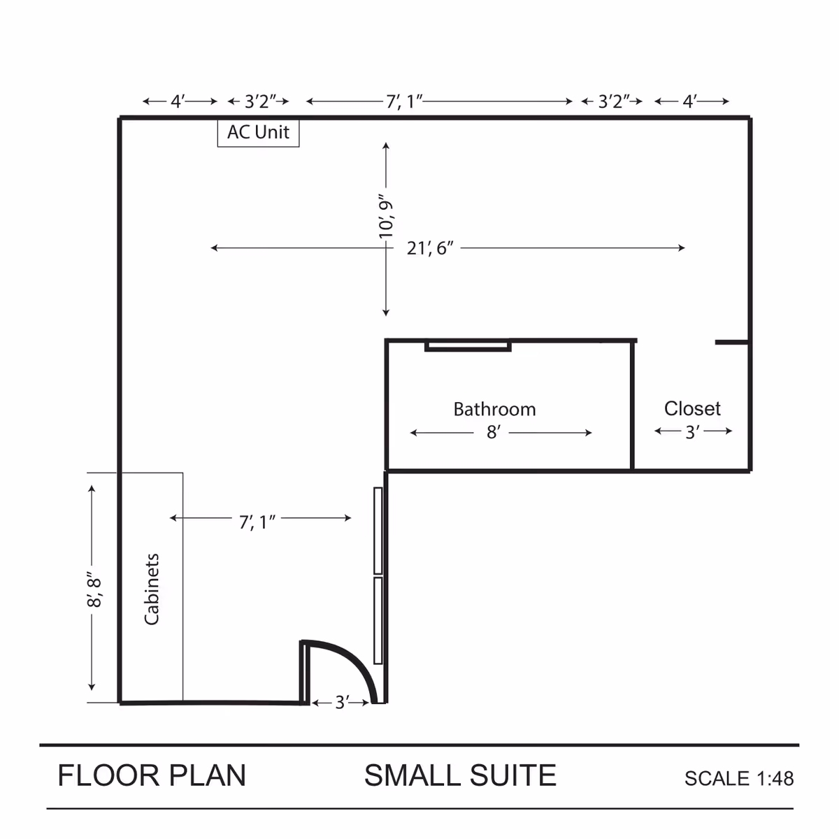 Floor plan of a small suite showing dimensions and layout including a bathroom, closet, cabinets, and an AC unit.