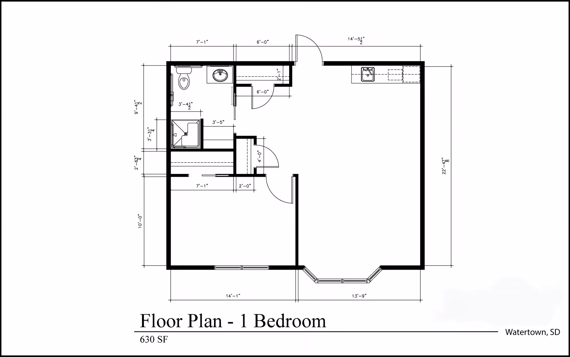 Architectural floor plan of a one-bedroom apartment with dimensions, showing a bathroom, kitchen area, living space, and bedroom. The total area is 630 square feet. The plan is labeled 'Floor Plan - 1 Bedroom' and includes location information 'Watertown, SD'.
