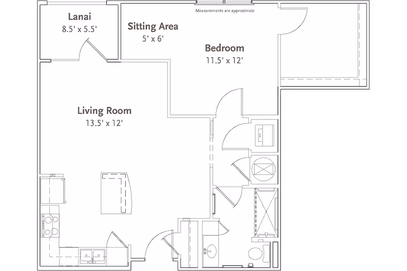 Architectural floor plan of a residential unit at Sandalwood Village showing a living room, kitchen, bedroom with a sitting area, bathroom, and a lanai. Dimensions for each area are indicated.