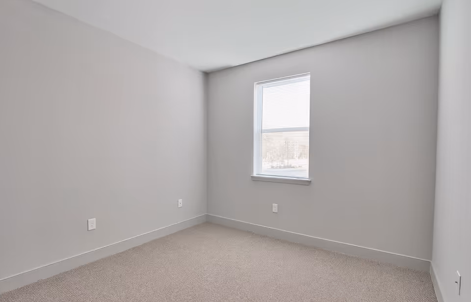 Empty room with light gray walls, a beige carpeted floor, and a single window with blinds partially open letting in natural light.