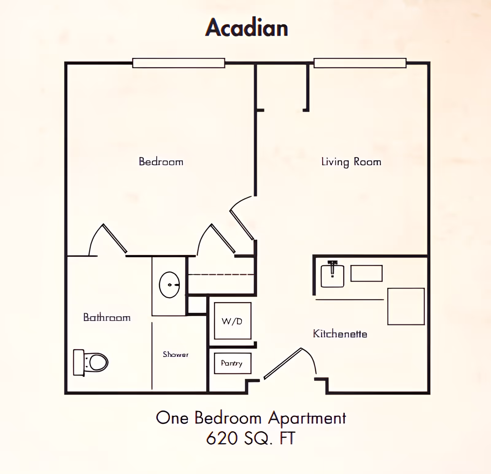 Floor plan titled "Acadian" showing a one-bedroom, one-bathroom 620 sq. ft. apartment with living room, bedroom, kitchenette, bathroom, pantry and W/D.