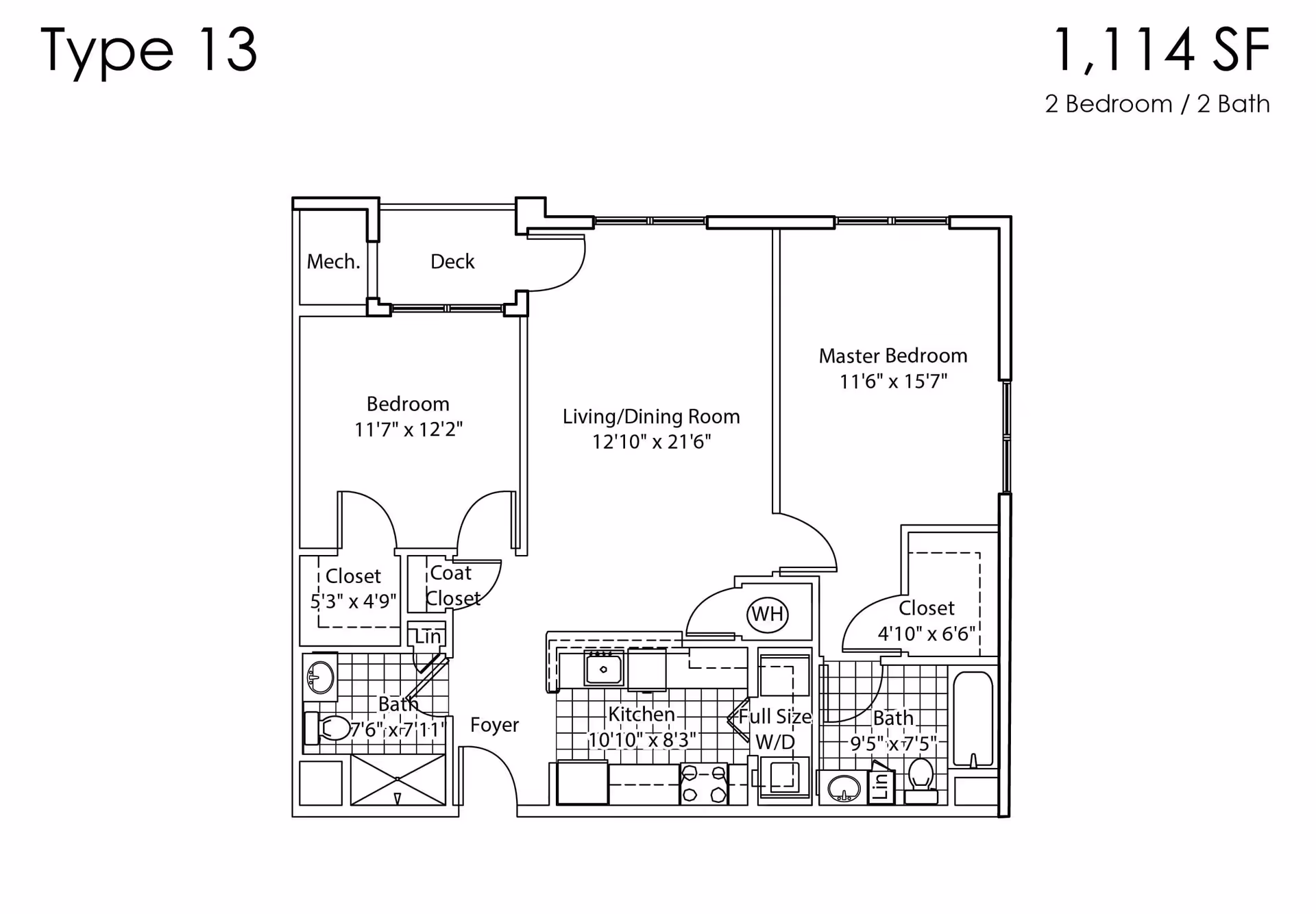 Floor plan labeled Type 13 showing a 2 bedroom, 2 bath apartment with 1,114 square feet. The layout includes a deck, living/dining room, kitchen, foyer, two bedrooms with closets, two bathrooms, a coat closet, linen closets, mechanical room, and a full-size washer/dryer area.