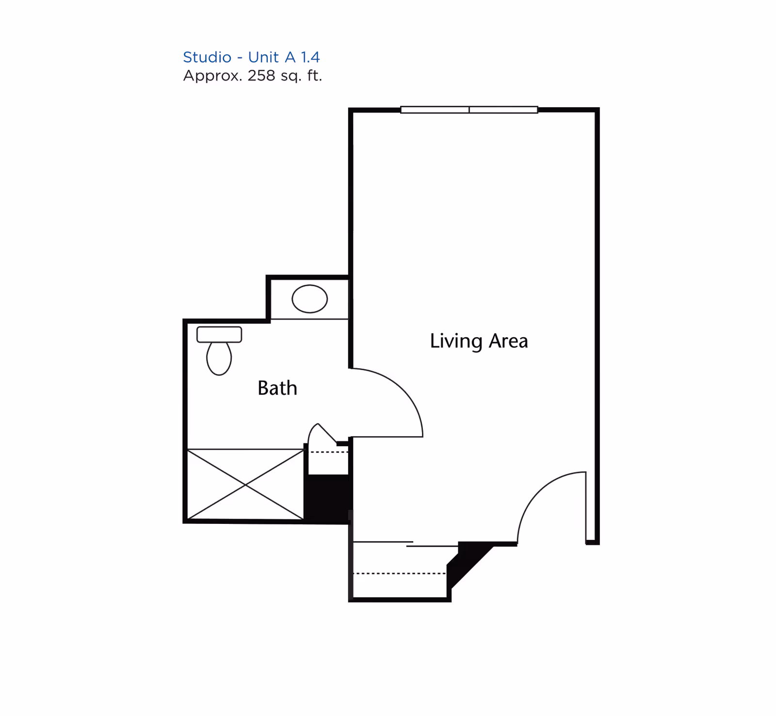 Floor plan of a studio unit labeled Unit A 1.4 with approximately 258 square feet. The layout includes a living area and a separate bathroom with a toilet and sink.