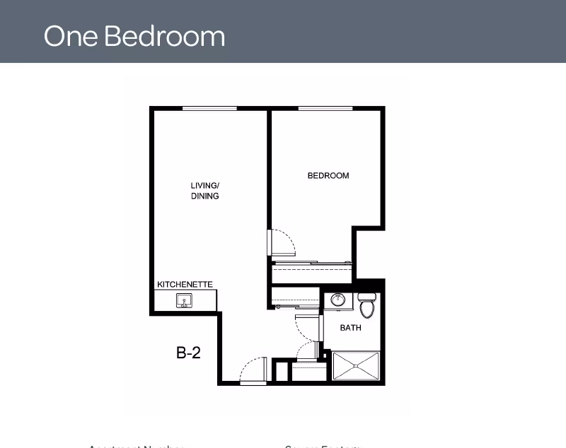 Floor plan of a one-bedroom apartment labeled B-2, showing a living/dining area with kitchenette, a bedroom, and a bathroom.