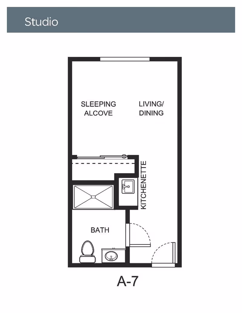 Floor plan of a studio apartment labeled A-7 showing a sleeping alcove, living/dining area, kitchenette, and a bathroom with a toilet and sink.