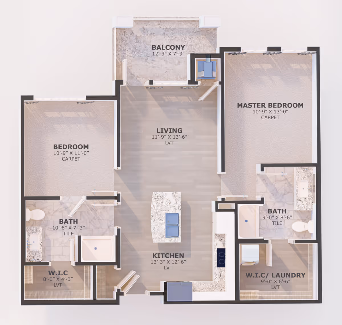Floor plan of a residential unit showing two bedrooms, two bathrooms, a kitchen, living area, balcony, and walk-in closets with laundry area. The master bedroom measures 10'-9" x 13'-0" with carpet flooring, and the second bedroom measures 10'-9" x 11'-0" with carpet. The kitchen and living areas have LVT flooring. The balcony is 12'-3" x 7'-9". Bathrooms have tile flooring.