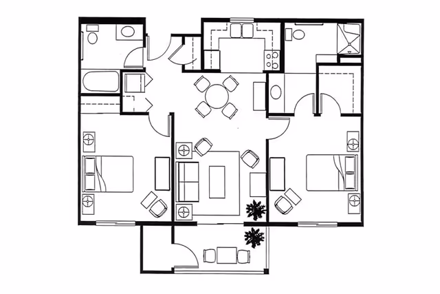 Black and white architectural floor plan of a residential unit with two bedrooms, two bathrooms, a kitchen, a dining area with a round table and four chairs, a living room with seating and tables, and a small outdoor patio with a table and two chairs.