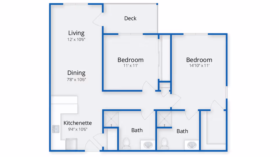 Floor plan of a residential unit at The Village at South Farms showing two bedrooms, two bathrooms, a living and dining area, a kitchenette, and a deck.