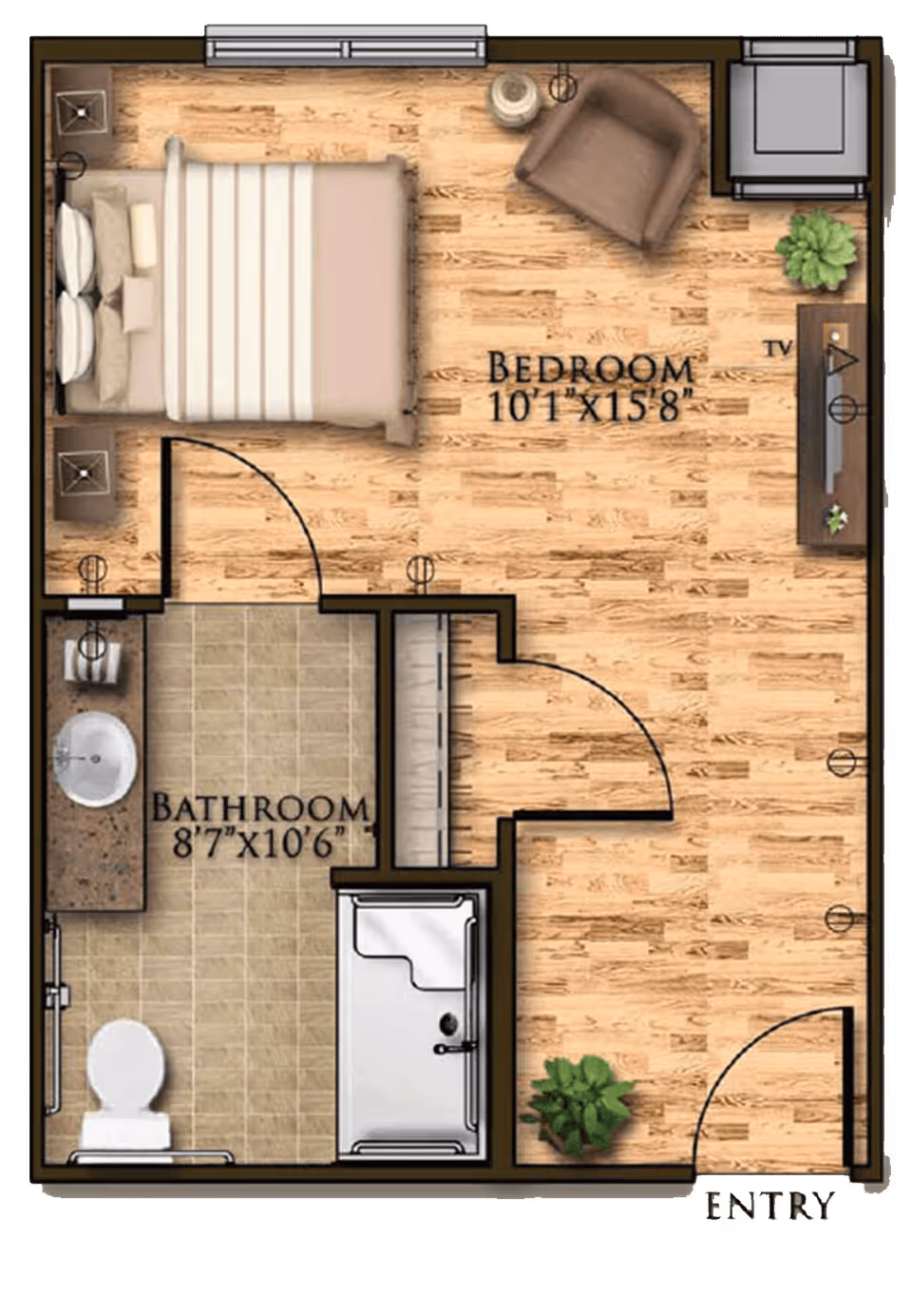 Floor plan of a senior living unit at Harmony at Savannah showing a bedroom measuring 10 feet 1 inch by 15 feet 8 inches with a bed, chair, TV, and plants, connected to a bathroom measuring 8 feet 7 inches by 10 feet 6 inches with a toilet, sink, and shower. The entry door leads into the bedroom area.