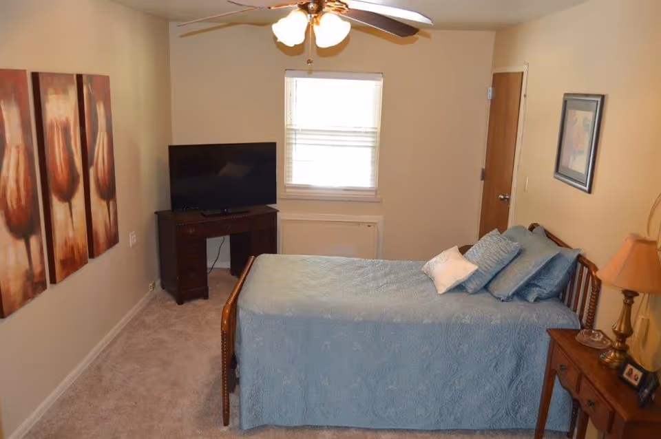 A bedroom with a single bed covered in a blue bedspread and multiple pillows. There is a wooden nightstand with a lamp and framed photo on the right side of the bed. A wooden desk with a flat-screen TV is positioned against the wall under a window with closed blinds. The walls are beige and decorated with three vertical paintings of abstract flowers on the left and a framed picture on the right. A ceiling fan with lights is mounted on the ceiling.