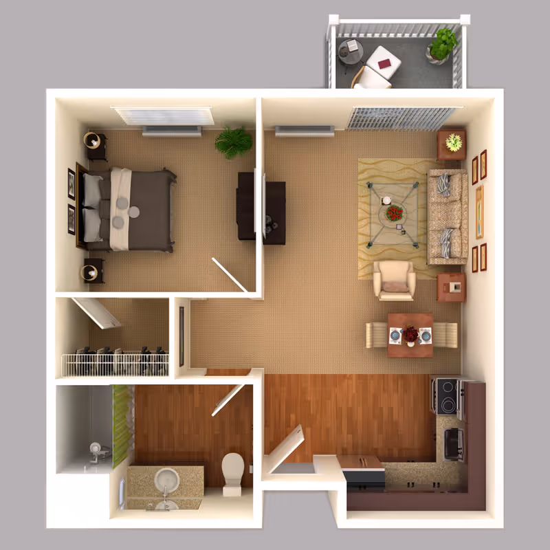 3D floor plan of a one-bedroom senior living apartment featuring a bedroom with a double bed and nightstands, a bathroom with a shower, sink, and toilet, a kitchen with appliances and cabinetry, a living room with a sofa, armchair, coffee table, dining table with chairs, and a small balcony with a chair and table.