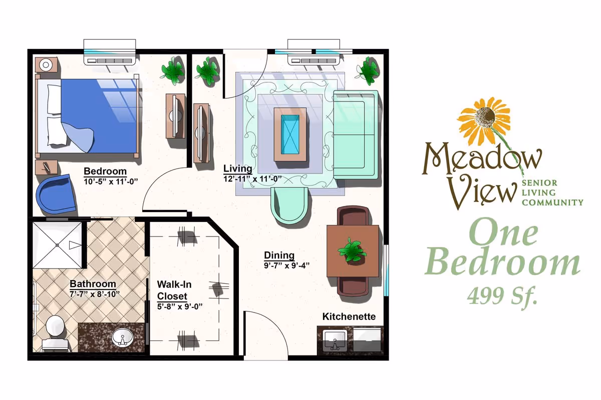 Floor plan of a one-bedroom senior living apartment at Meadow View Senior Living, showing a bedroom, living room, dining area, kitchenette, bathroom, and walk-in closet with dimensions.