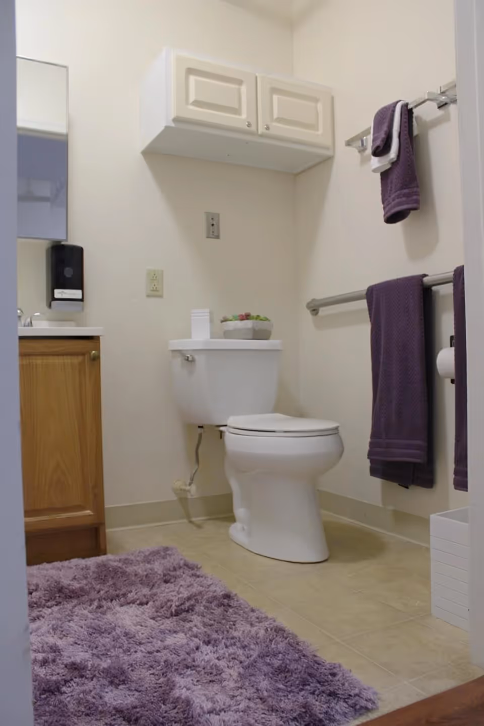 A clean bathroom with a white toilet, a wooden cabinet with a sink, a wall-mounted white cabinet above the toilet, and purple towels hanging on a towel rack. There is a purple shaggy rug on the tiled floor and a small plant on top of the toilet tank.