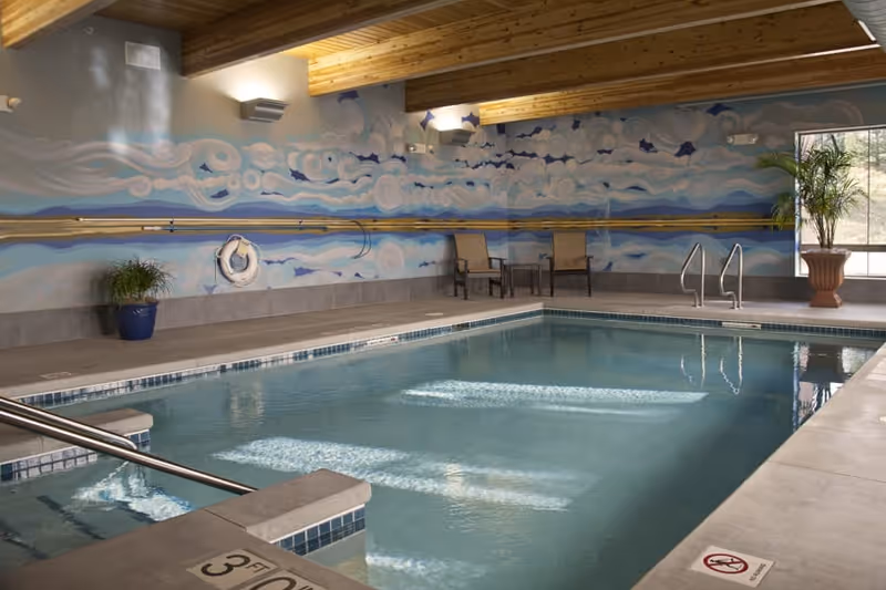 Indoor swimming pool with clear water, surrounded by a tiled deck. The walls feature a blue and white mural with abstract cloud and wave designs. There are two chairs and a small table against the far wall, along with potted plants. A window on the right side lets in natural light.