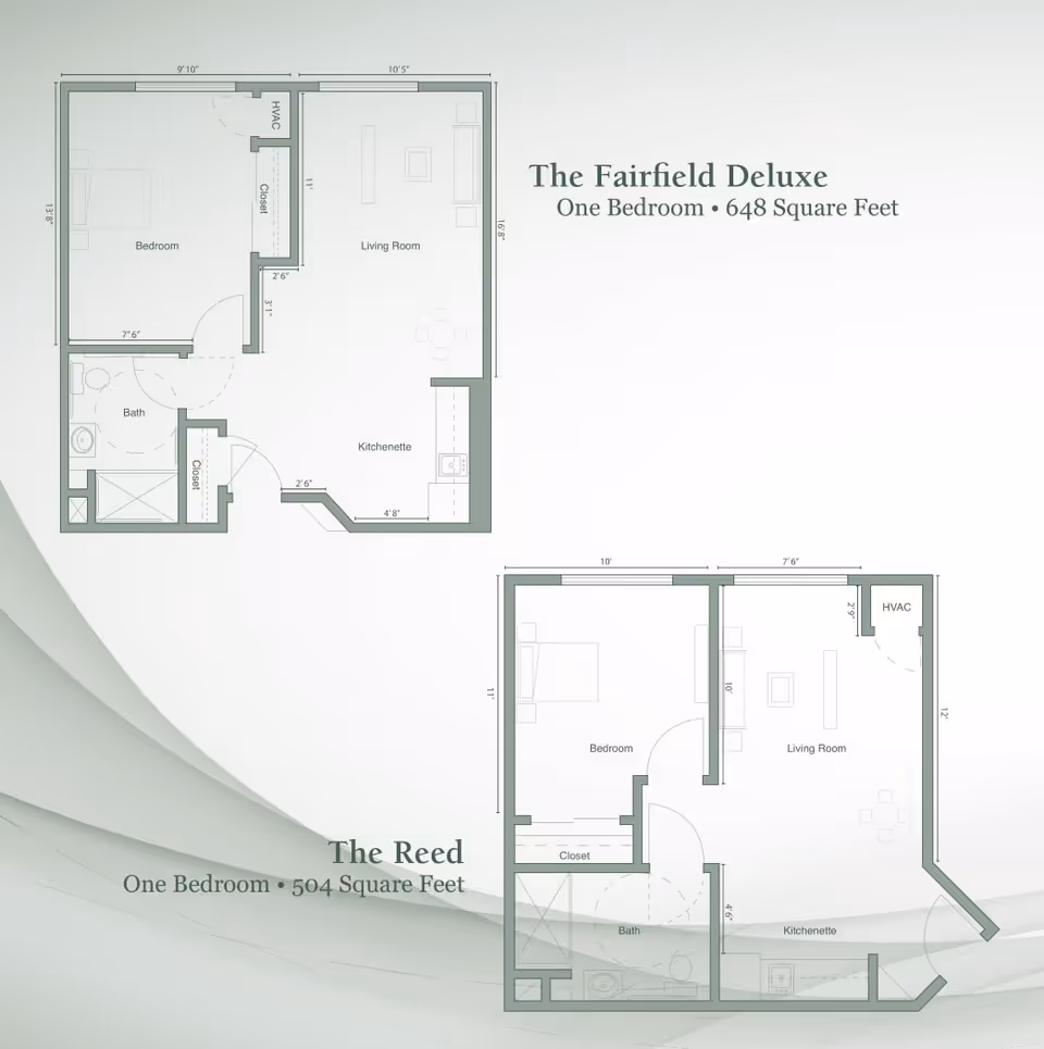 Architectural floor plans for two one-bedroom apartments named The Fairfield Deluxe and The Reed, showing layouts with bedroom, living room, bath, kitchenette, closets, and HVAC areas. The Fairfield Deluxe is 648 square feet and The Reed is 504 square feet.