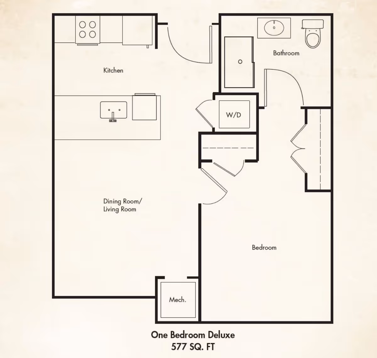 Floor plan of a one-bedroom deluxe apartment with 577 square feet, showing a kitchen, dining room/living room, bedroom, bathroom, washer/dryer area, and mechanical room.