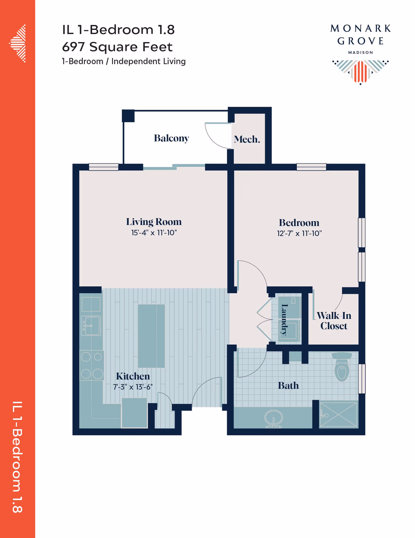 Floor plan of a 1-bedroom independent living apartment at Monark Grove Madison, showing a living room, kitchen, bedroom, walk-in closet, bathroom, laundry area, balcony, and mechanical room. The living room measures 15 feet 4 inches by 11 feet 10 inches, the kitchen is 7 feet 3 inches by 13 feet 6 inches, and the bedroom is 12 feet 7 inches by 11 feet 10 inches. The total area is 697 square feet.