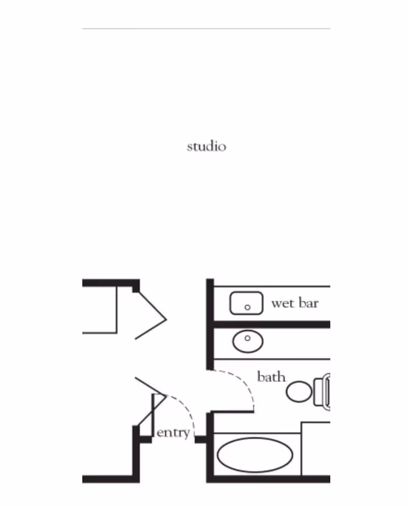 Architectural floor plan layout of a studio apartment showing an entry, a wet bar, and a bathroom with a sink, toilet, and bathtub.