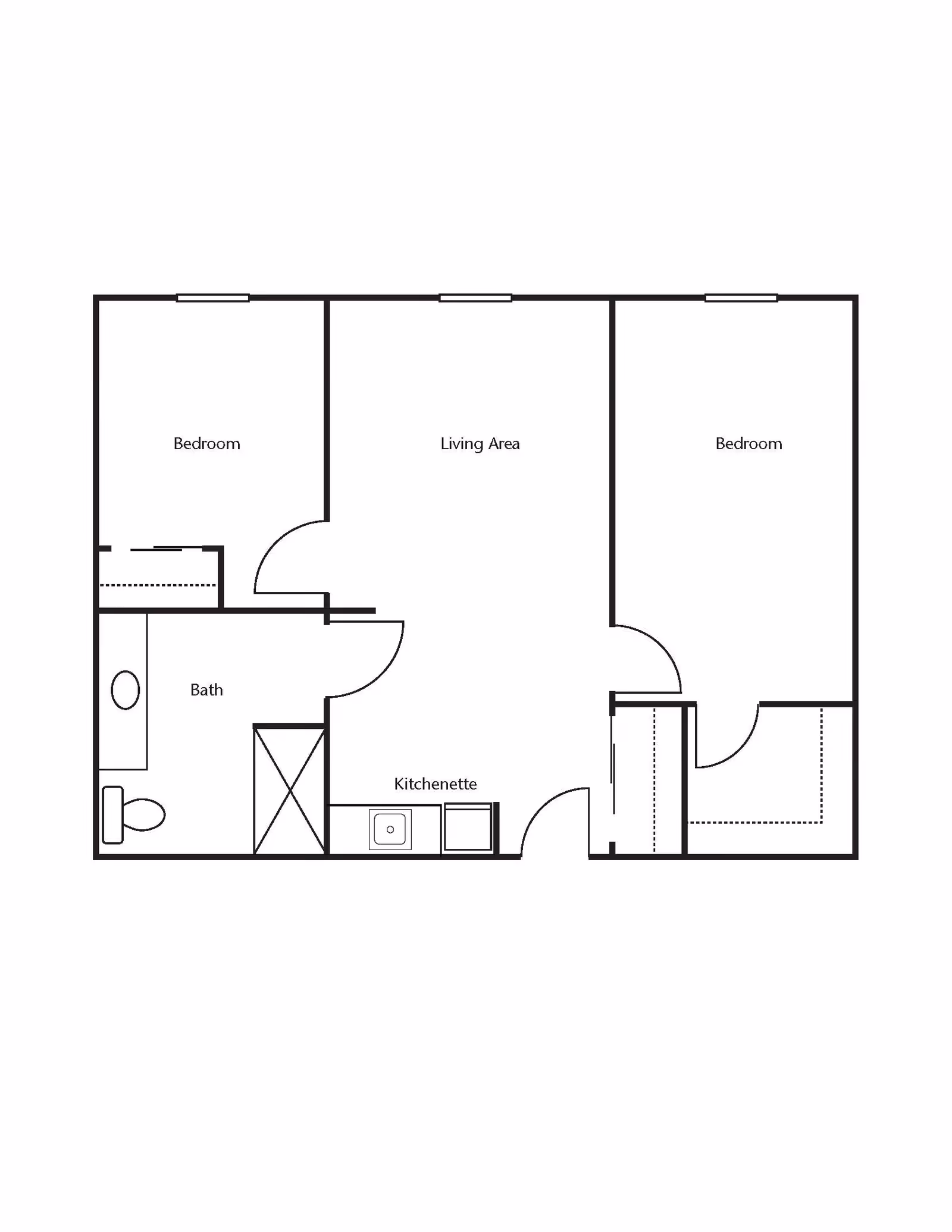Architectural floor plan showing a layout with two bedrooms, a living area, a bath, and a kitchenette.