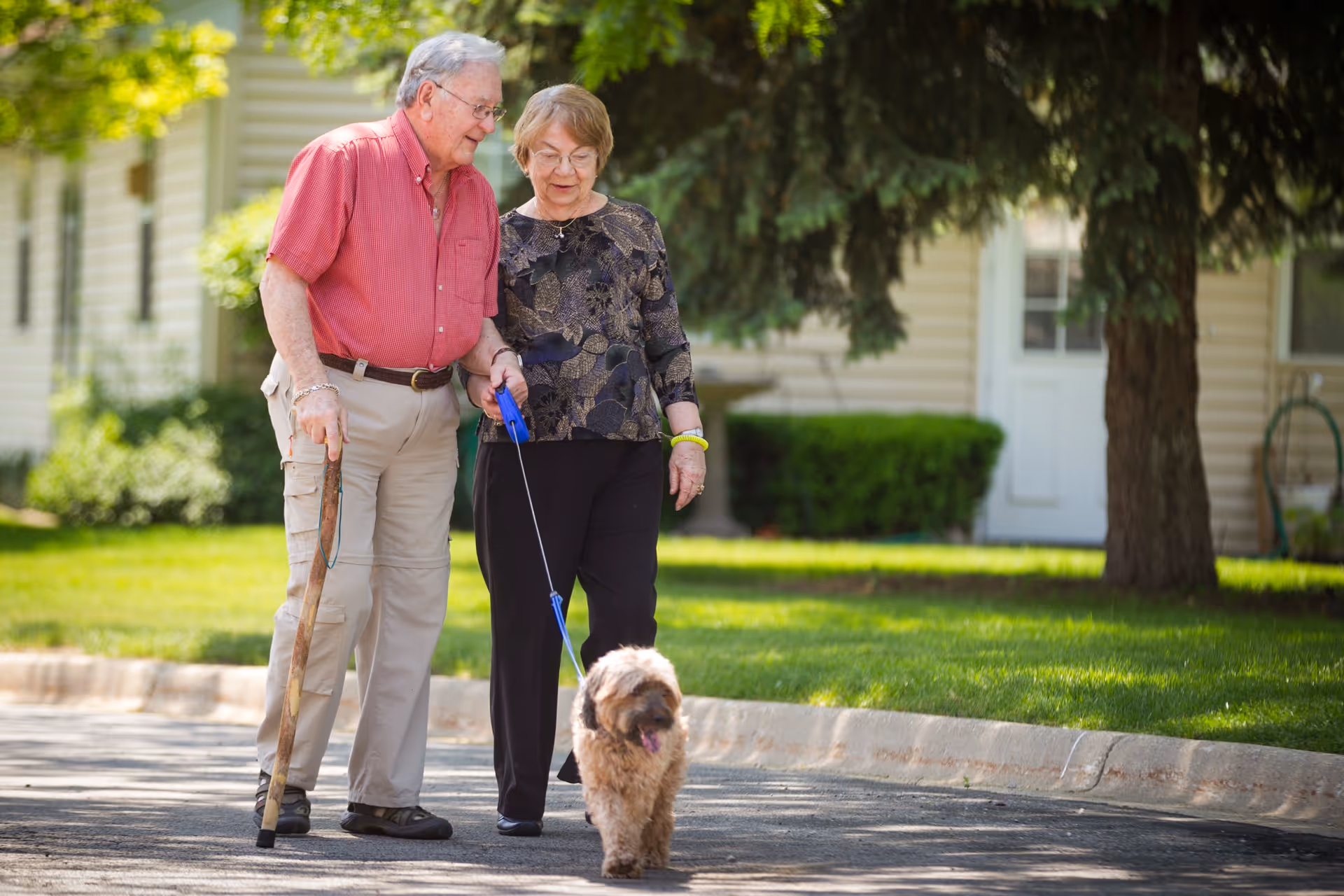 An elderly couple walking a small dog on a leash outside on a sunny day. The man is using a cane and wearing a red shirt and beige pants, while the woman is dressed in a patterned blouse and black pants. They are walking on a paved path with green grass and trees in the background, near a building with beige siding and white doors.