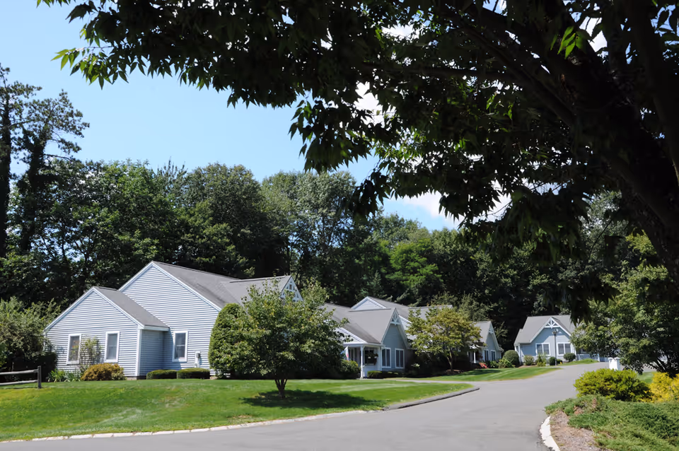 Single-story light-gray cottages in a retirement community along a curved road with lawns and trees.