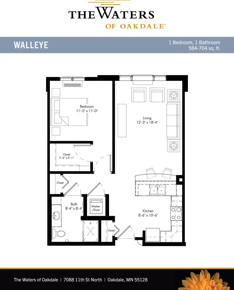 Black-background floor plan diagram of the 'WALLEYE' one-bedroom, one-bathroom apartment with labeled rooms and dimensions.