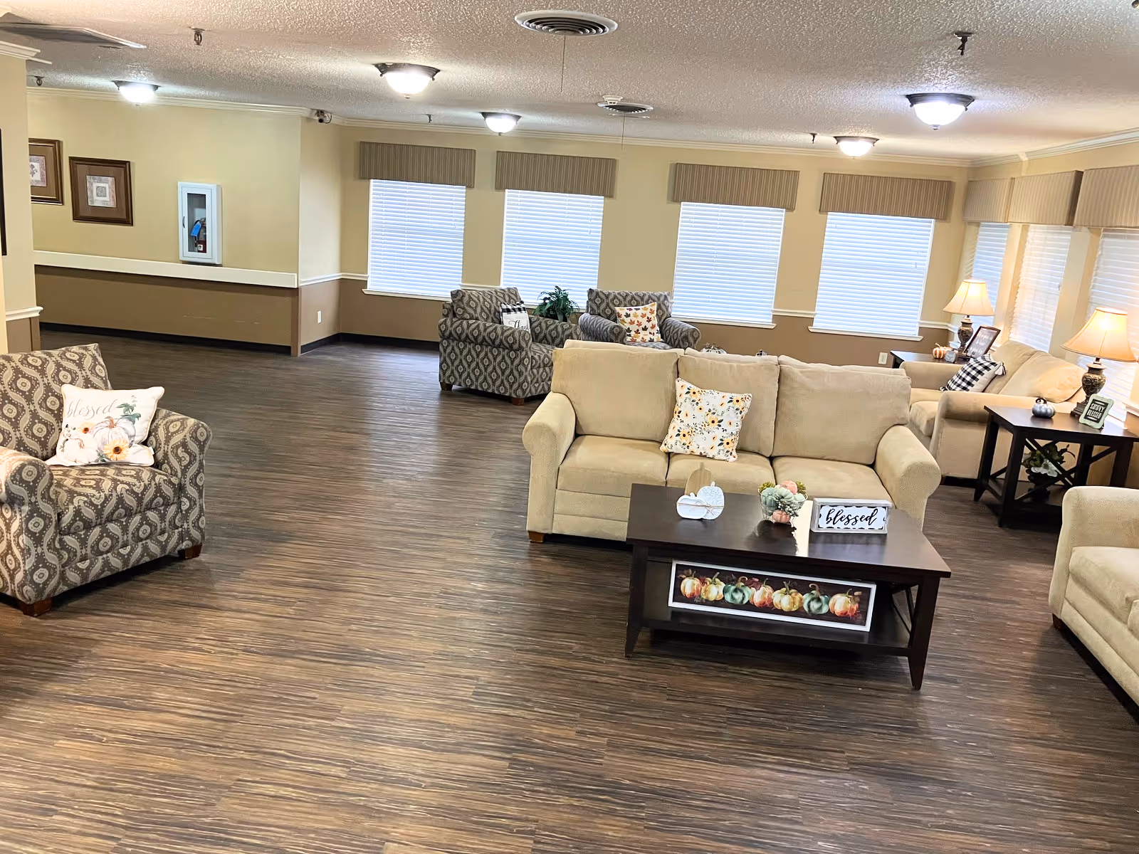 Spacious senior living common room with sofas, armchairs, coffee tables, lamps, and multiple windows.
