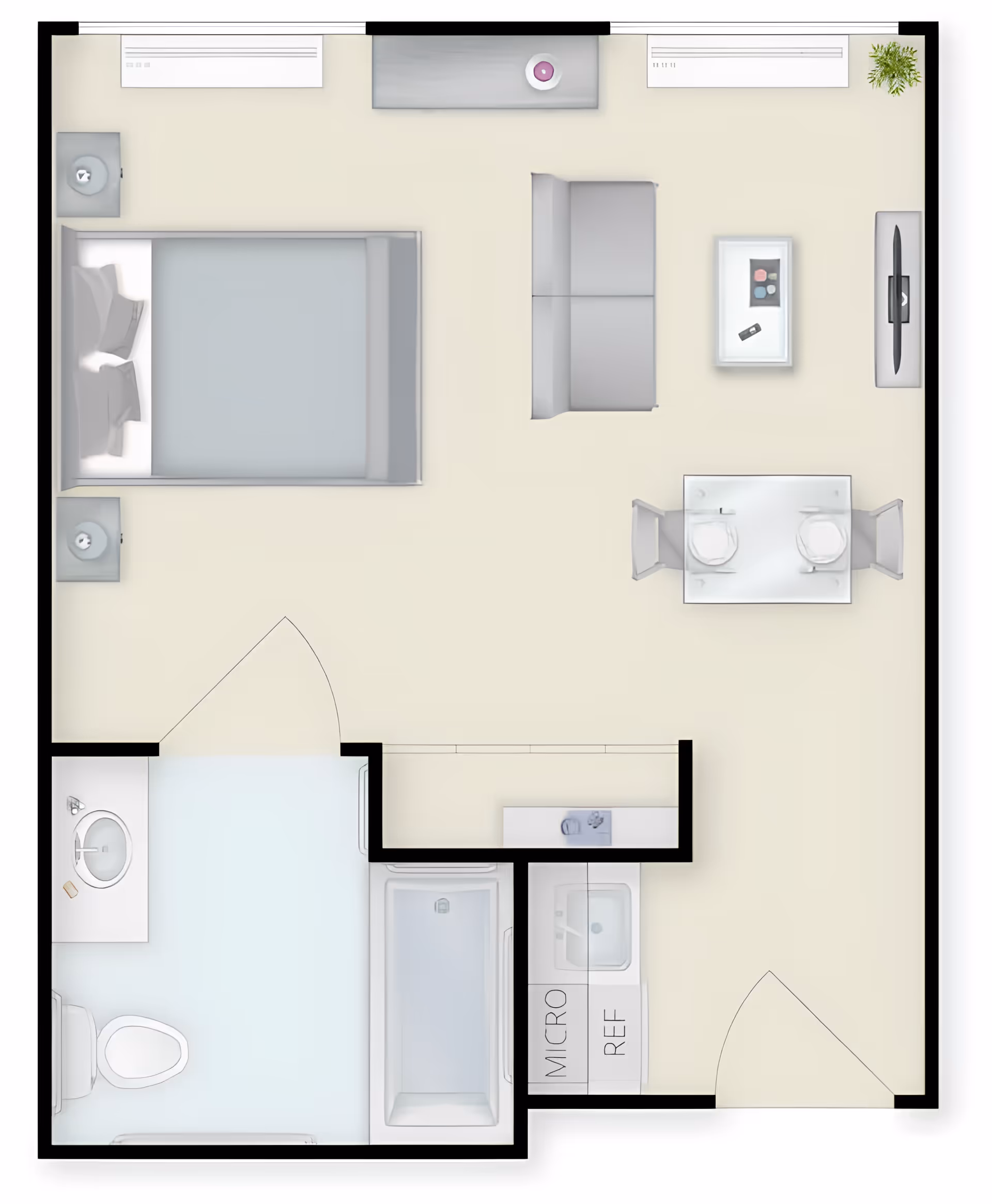 Top-down floor plan of a senior living unit featuring a bedroom with a bed and two nightstands, a bathroom with a toilet, sink, and bathtub, a small kitchen area with a microwave and refrigerator, and a living area with a sofa, coffee table, TV, and a dining table with two chairs.