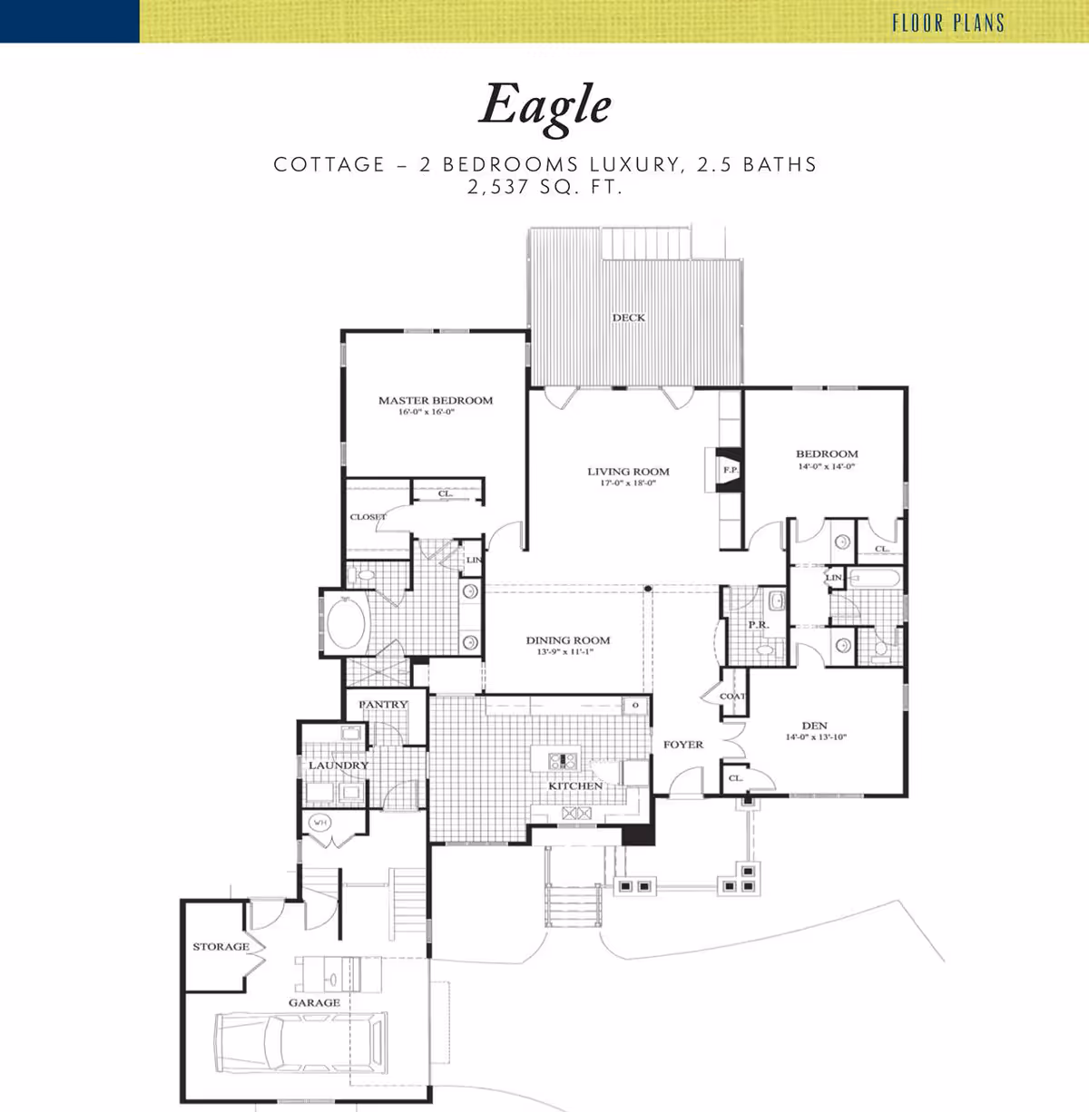 Architectural floor plan titled "Eagle" for a 2-bedroom, 2.5-bath cottage (2,537 sq. ft.) showing labeled rooms, garage and deck.
