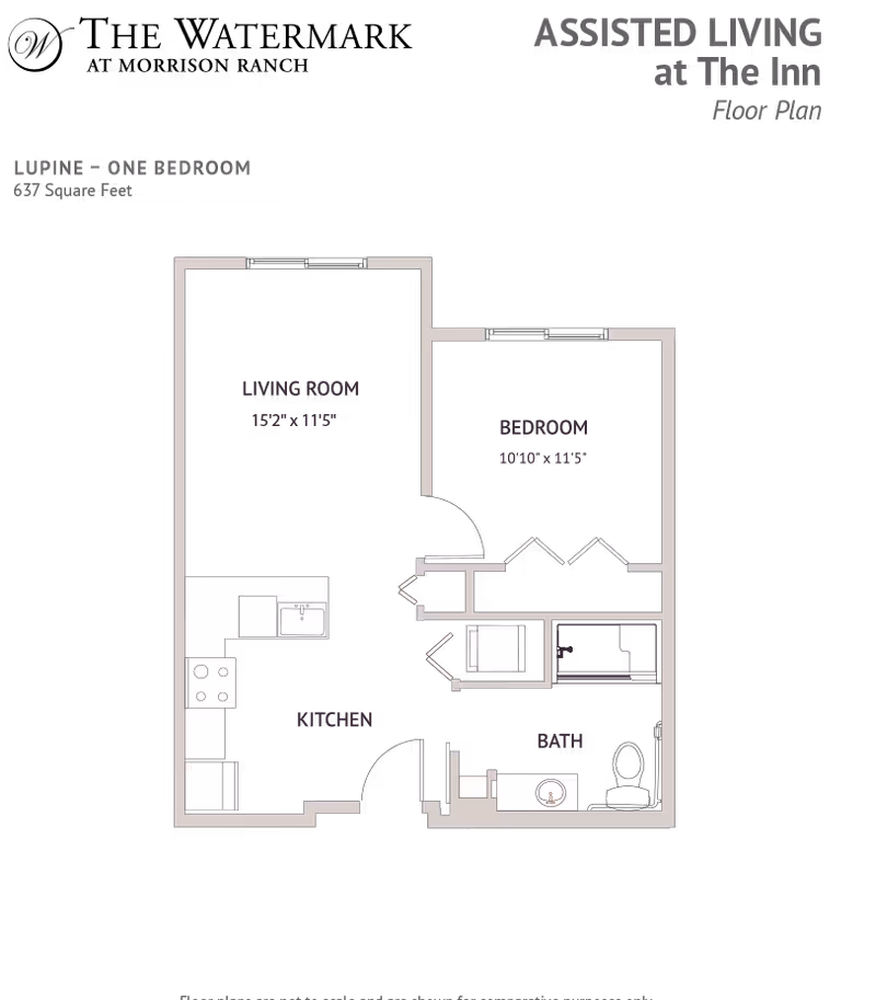 Floor plan of a one-bedroom assisted living apartment named Lupine with 637 square feet. It includes a living room measuring 15'2" x 11'5", a bedroom measuring 10'10" x 11'5", a kitchen, and a bathroom.