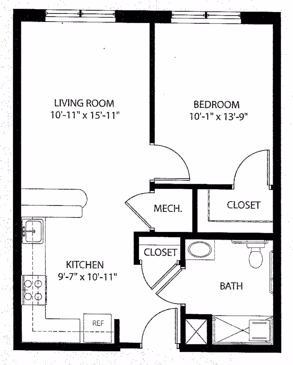 Black-and-white floor plan of a one-bedroom apartment labeled with living room, bedroom, kitchen, bath, closets, measurements, and a mechanical room.