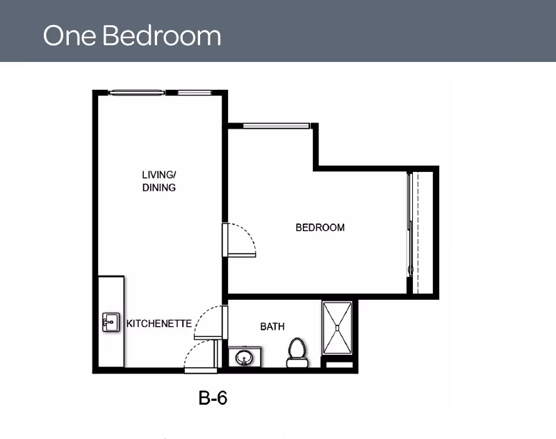 Black-and-white one-bedroom floor plan labeled B-6 showing a living/dining area, kitchenette, bedroom, and bathroom.