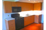 Compact apartment kitchen with wood cabinets, black stove and microwave, sink and hardwood floors.