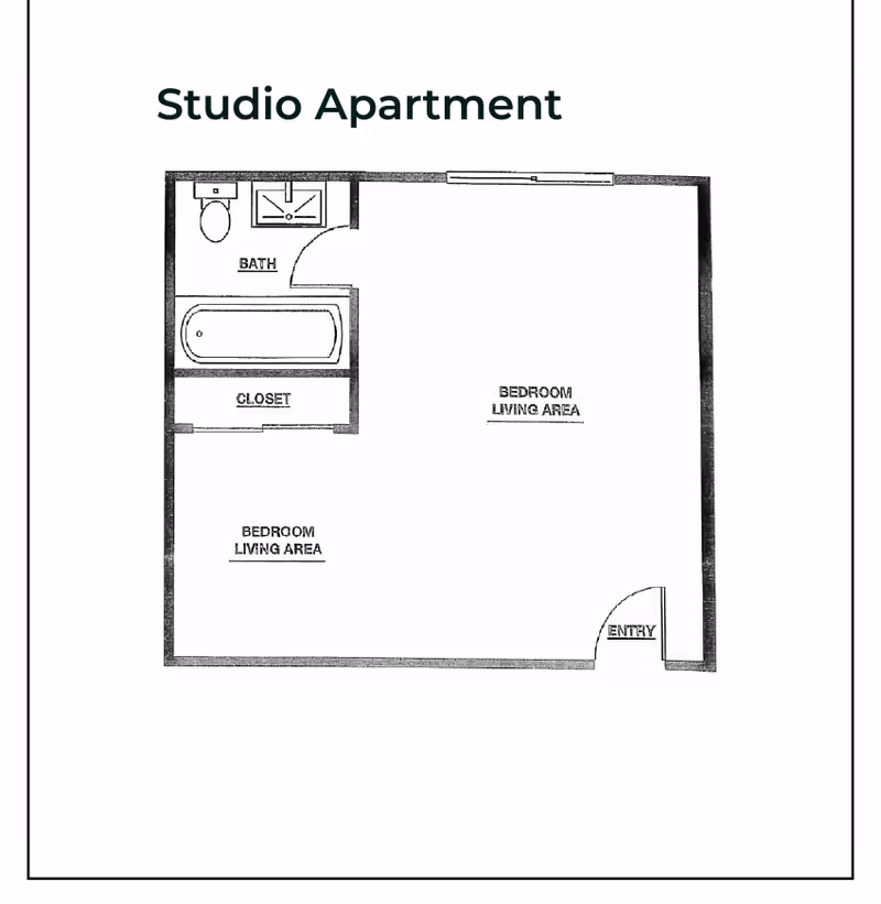 Floor plan layout of a studio apartment showing a combined bedroom and living area, a bathroom with a toilet, sink, and bathtub, a closet, and an entry door.