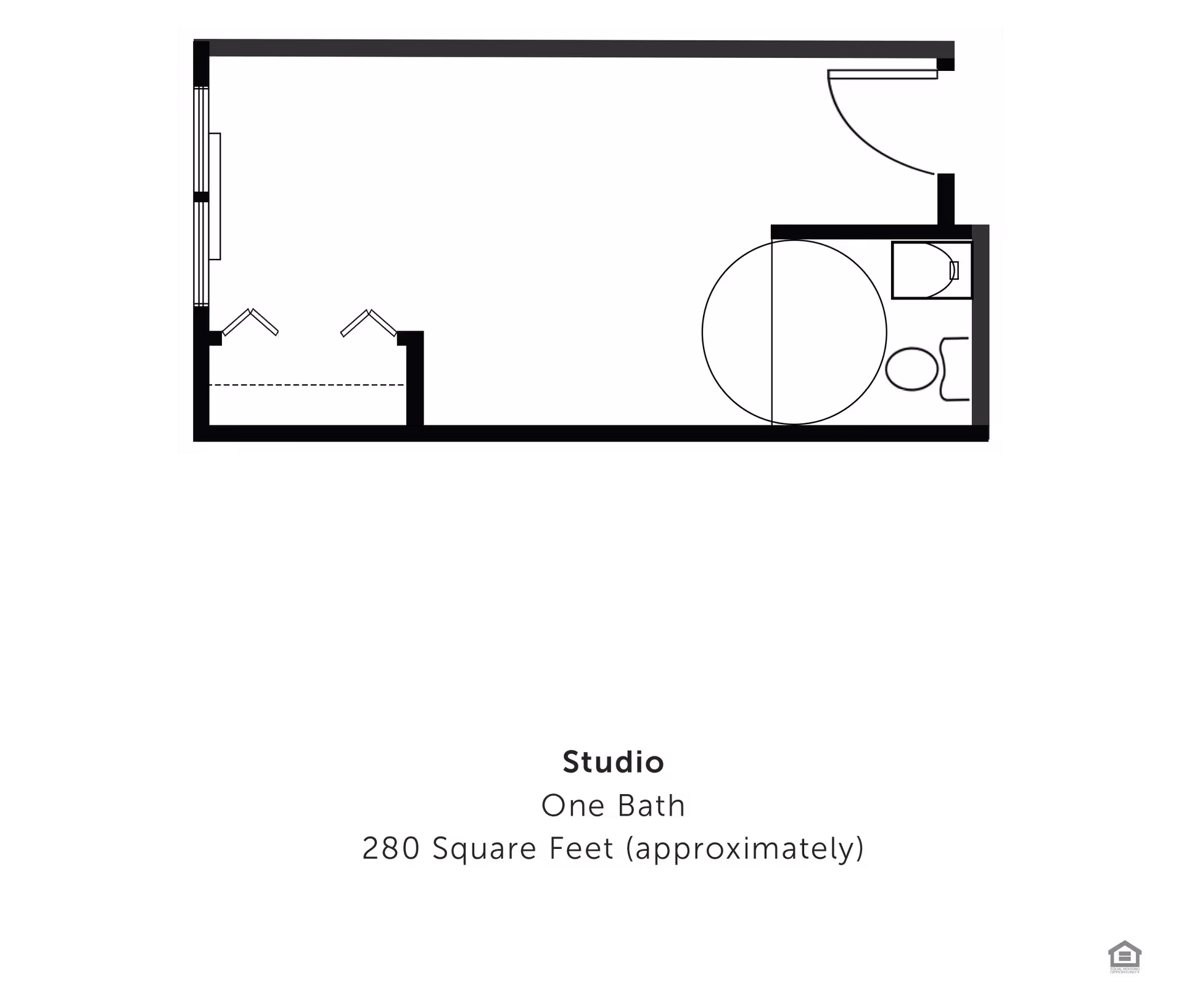 Architectural floor plan of a studio apartment with one bathroom, approximately 280 square feet. The layout shows an entrance door, a bathroom with a toilet and sink, a closet area, and an open living space.
