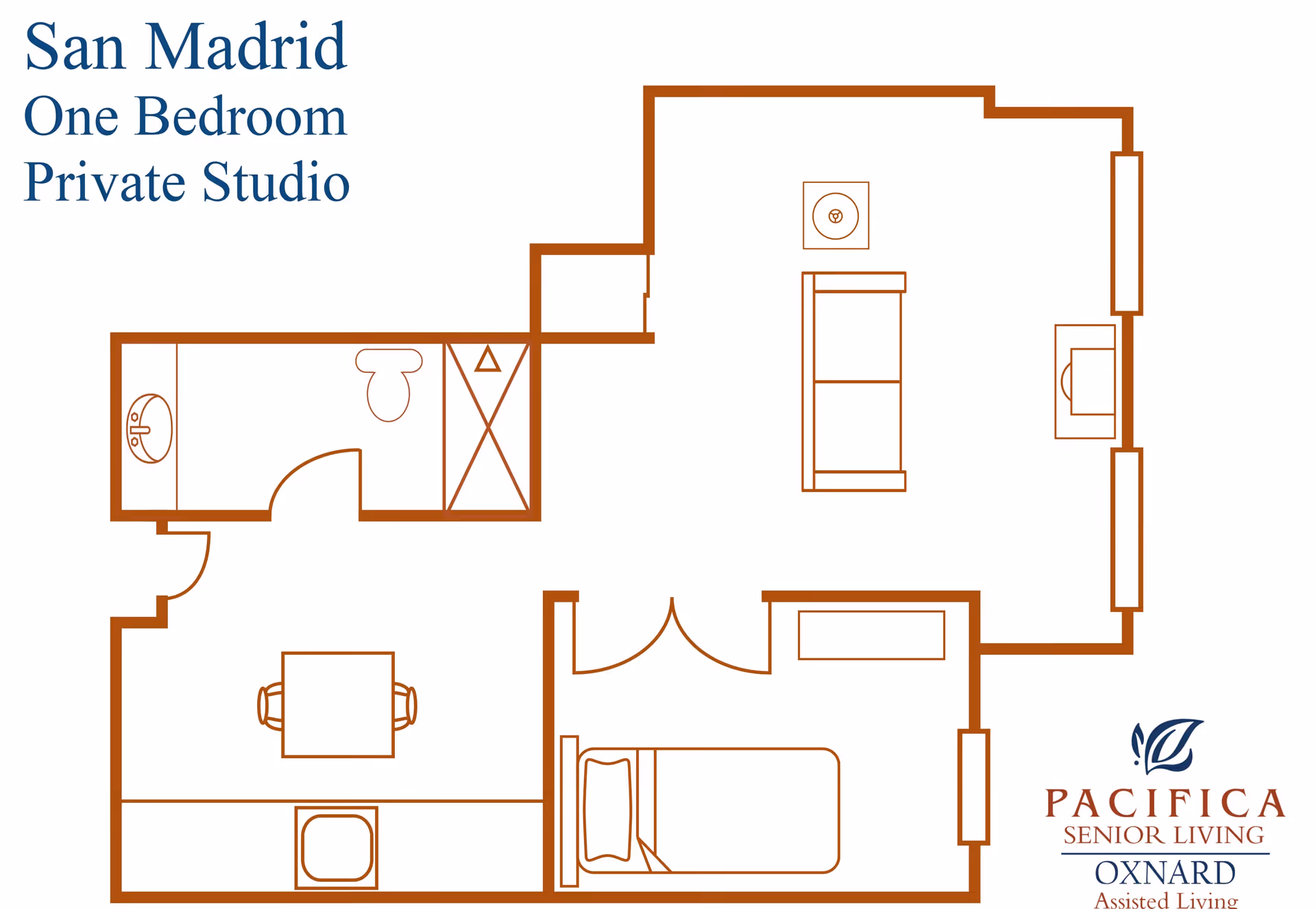 Floor plan layout of San Madrid One Bedroom Private Studio at The Vistas at Oxnard Senior Living, showing a bedroom with a bed, a living area with a sofa and table, a bathroom with a sink and toilet, and a dining area with a table and chairs.