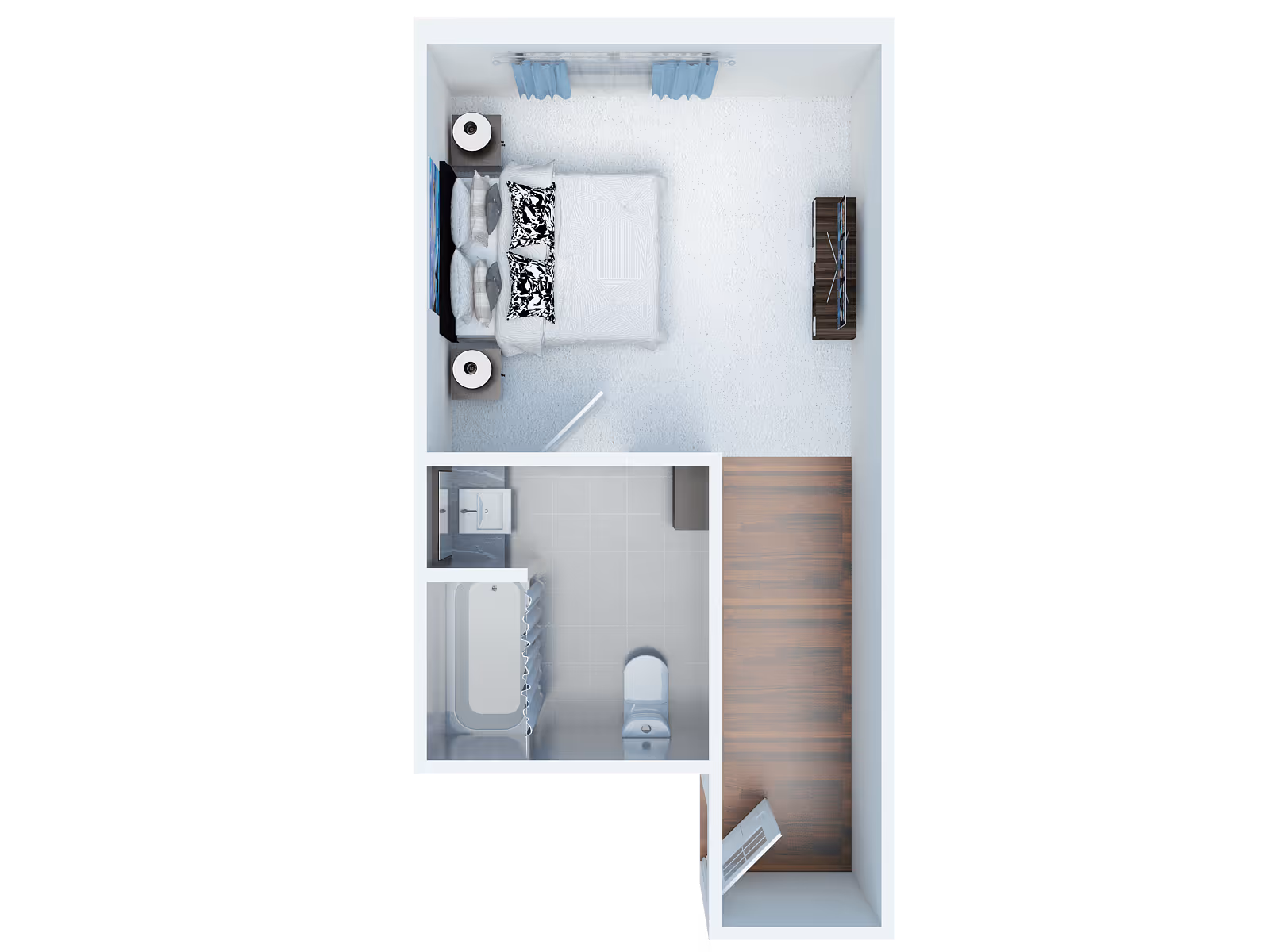 Top-down view of a senior living facility room layout featuring a bedroom with a double bed, two nightstands with lamps, a TV on a stand, and a window with blue curtains. Adjacent to the bedroom is a bathroom with a bathtub, toilet, and sink. The entrance area has wooden flooring.