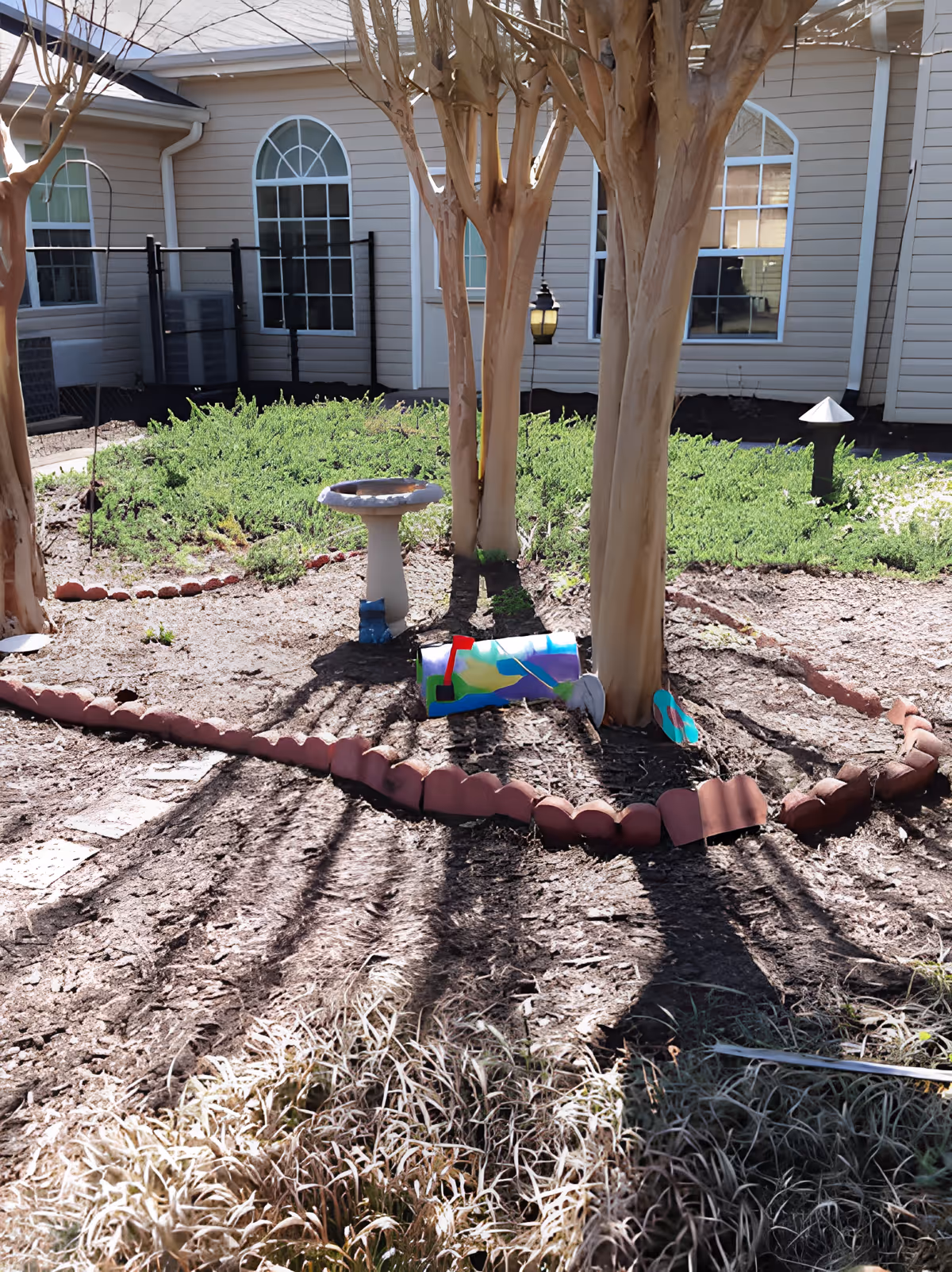 Outdoor garden area with three trees surrounded by a curved border of red bricks. There is a birdbath and a colorful decorative mailbox near the base of the trees. The background shows the exterior wall of a building with several windows.