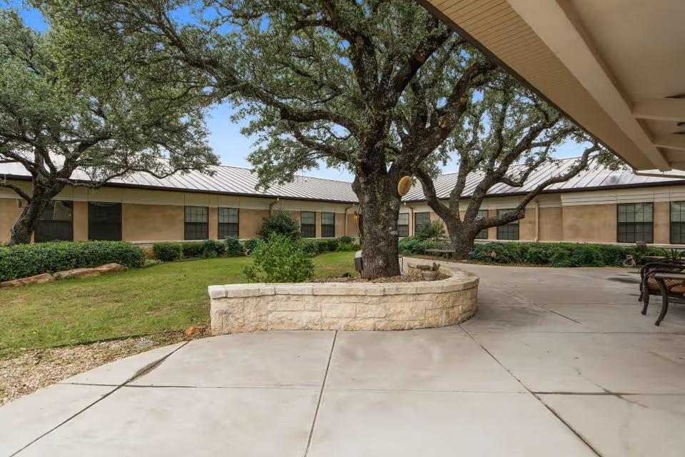 Outdoor courtyard area with large trees surrounded by a low stone wall, green grass, and shrubs. The courtyard is adjacent to a beige building with multiple windows and a metal roof. There is a concrete patio with some outdoor furniture visible on the right side.