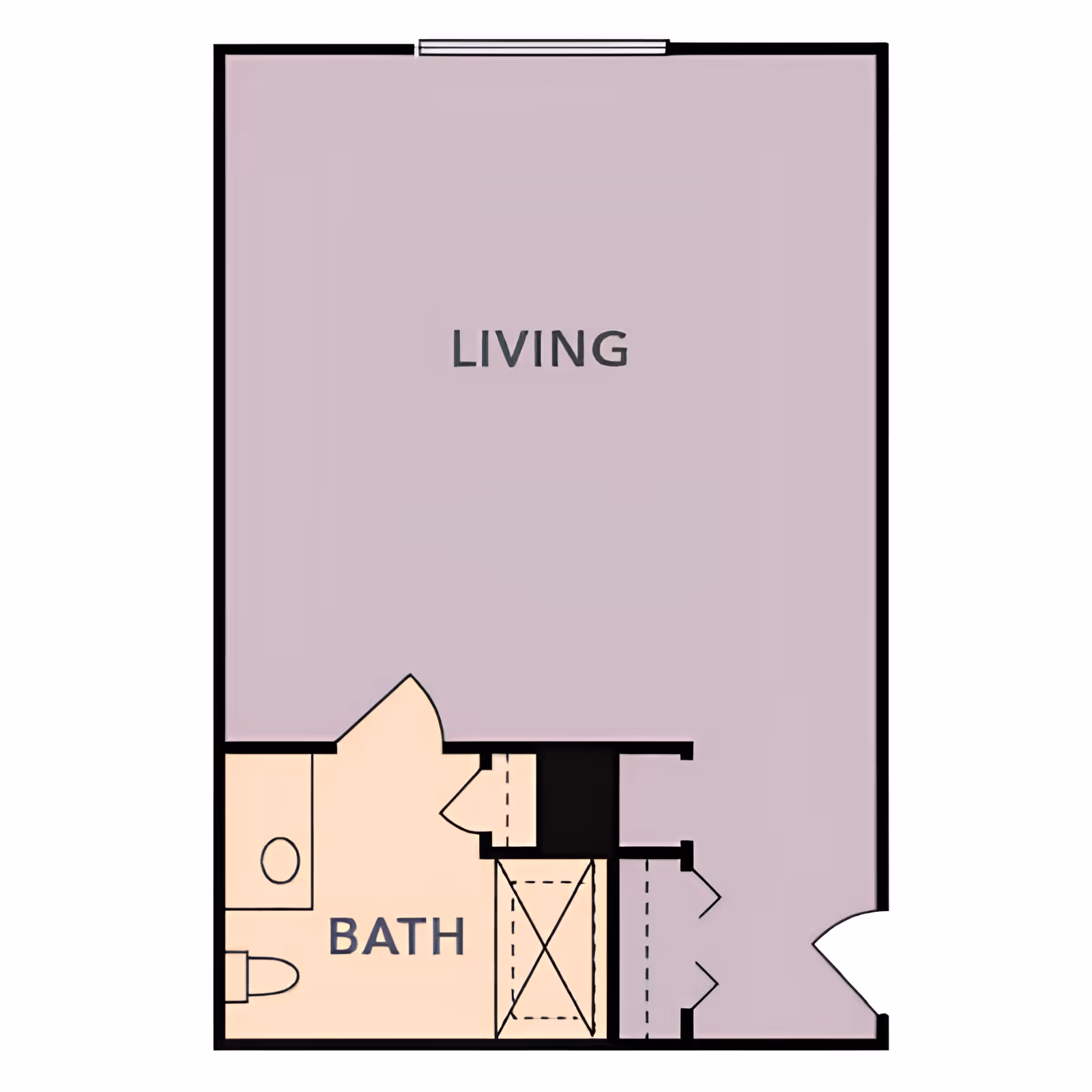Floor plan showing a living area and a bathroom. The living area is large and rectangular, labeled 'LIVING'. The bathroom is smaller, located in the bottom left corner, labeled 'BATH', and includes a toilet and a sink. There is an entry door on the right side of the living area.
